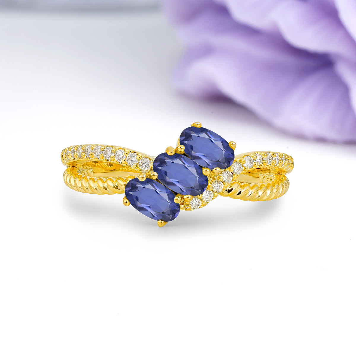 Luxurious And Unique 4 Prong Oval Cut Tanzanite Three Stone Wedding Ring - Additional view