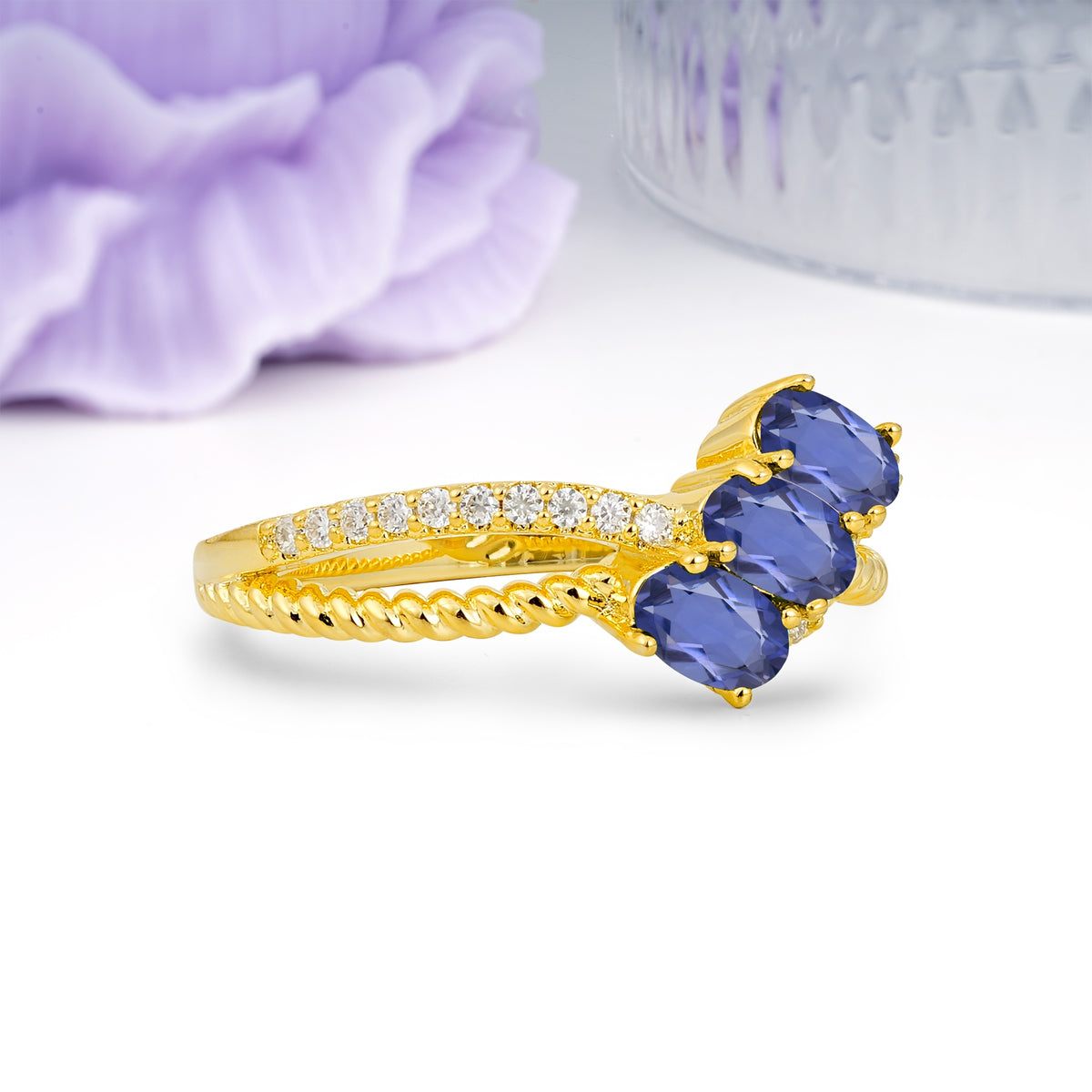 Luxurious And Unique 4 Prong Oval Cut Tanzanite Three Stone Wedding Ring - Additional view