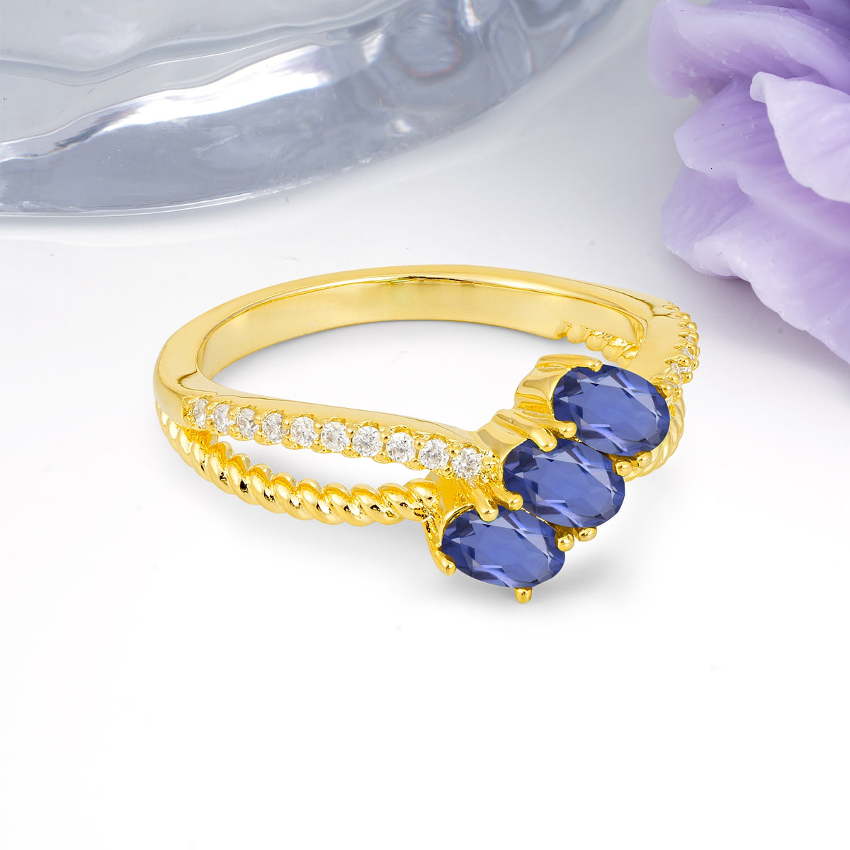 Luxurious And Unique 4 Prong Oval Cut Tanzanite Three Stone Wedding Ring - Additional view