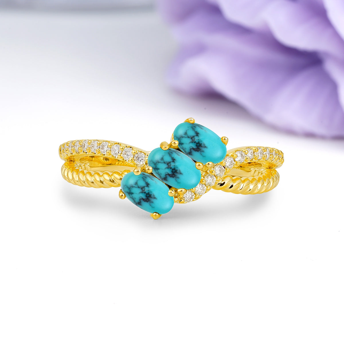 Luxurious And Unique 4 Prong Oval Cut Turquoise Three Stone Wedding Ring - Additional view