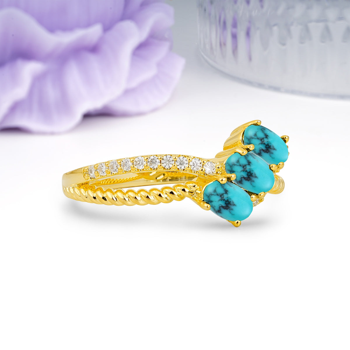 Luxurious And Unique 4 Prong Oval Cut Turquoise Three Stone Wedding Ring - Additional view