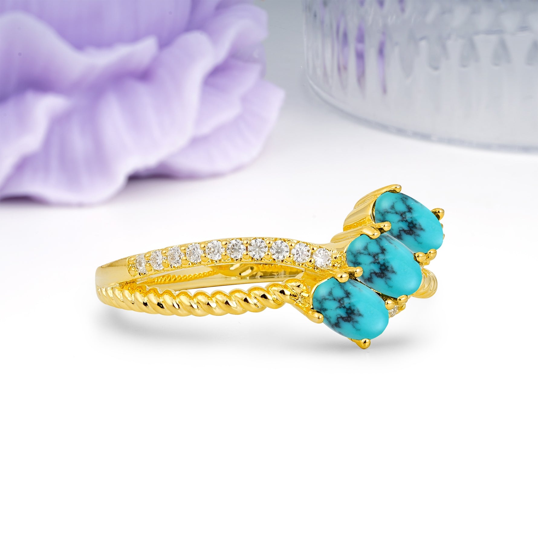 Luxurious Intertwined 4-Prong Oval Cut Turquoise Three-Stone Wedding Ring - Additional view