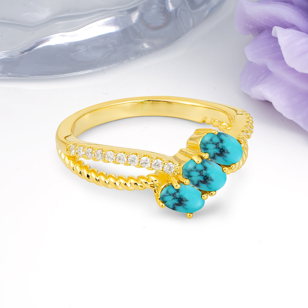 Luxurious And Unique 4 Prong Oval Cut Turquoise Three Stone Wedding Ring - Additional view