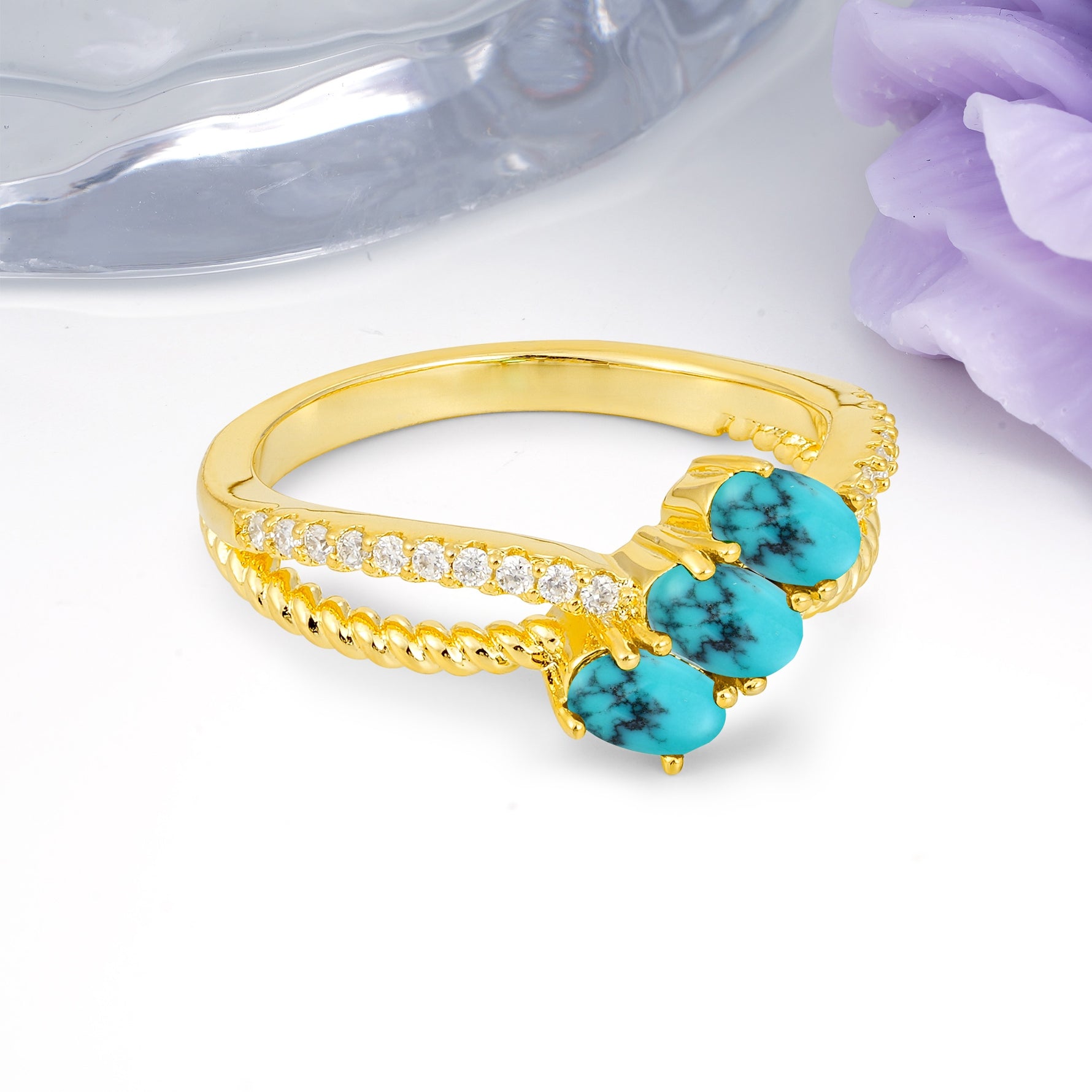 Luxurious Intertwined 4-Prong Oval Cut Turquoise Three-Stone Wedding Ring - Additional view
