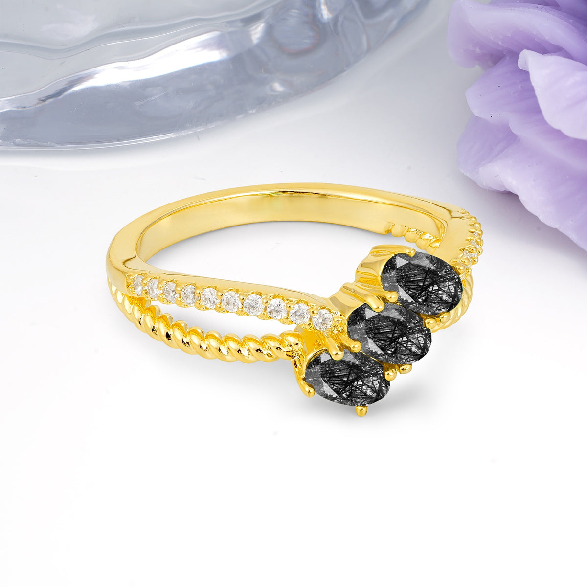 Luxurious And Unique 4 Prong Oval Cut Black Rutilated Quartz Three Stone Wedding Ring - Additional view