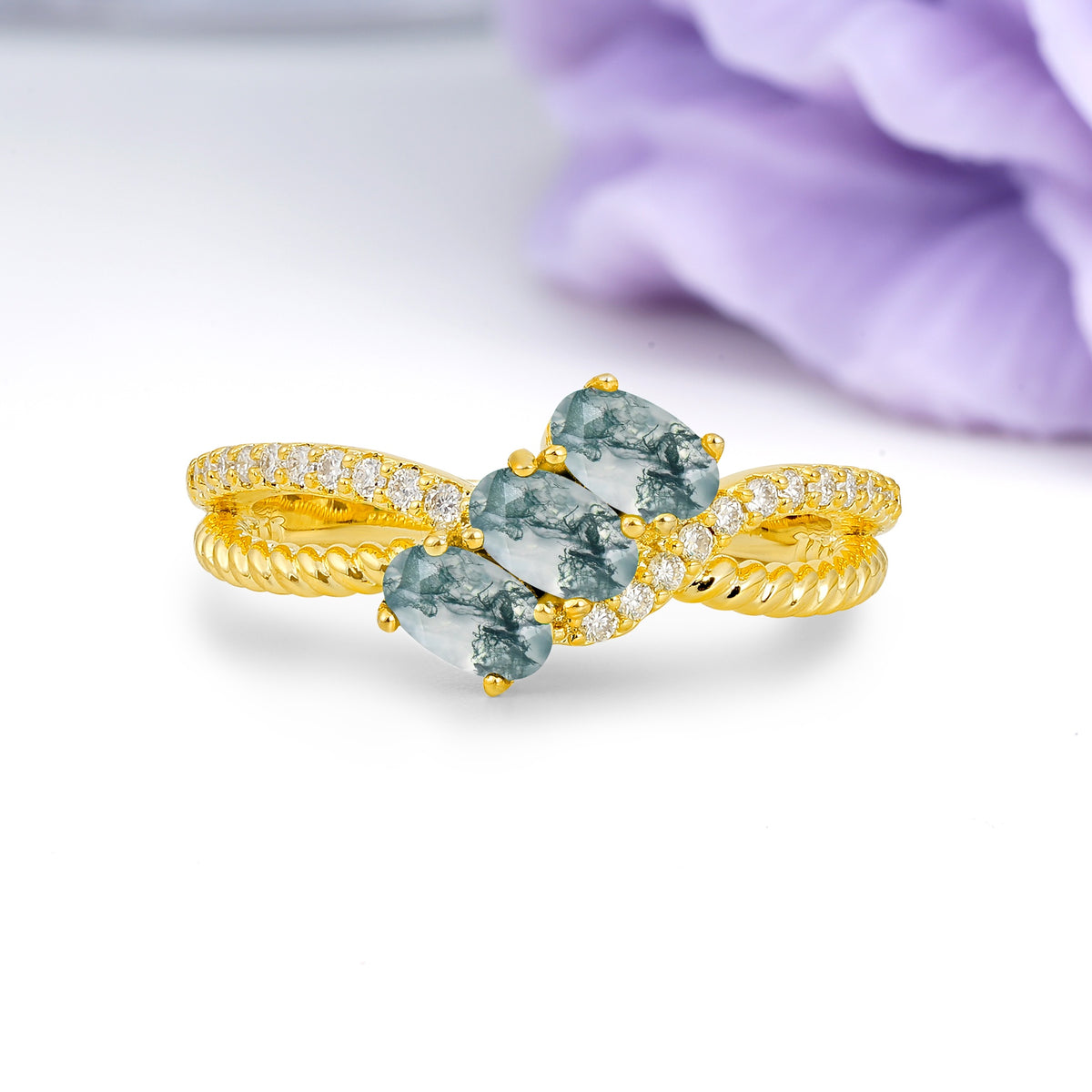 Luxurious And Unique 4 Prong Oval Cut Moss Agate Three Stone Wedding Ring - Additional view