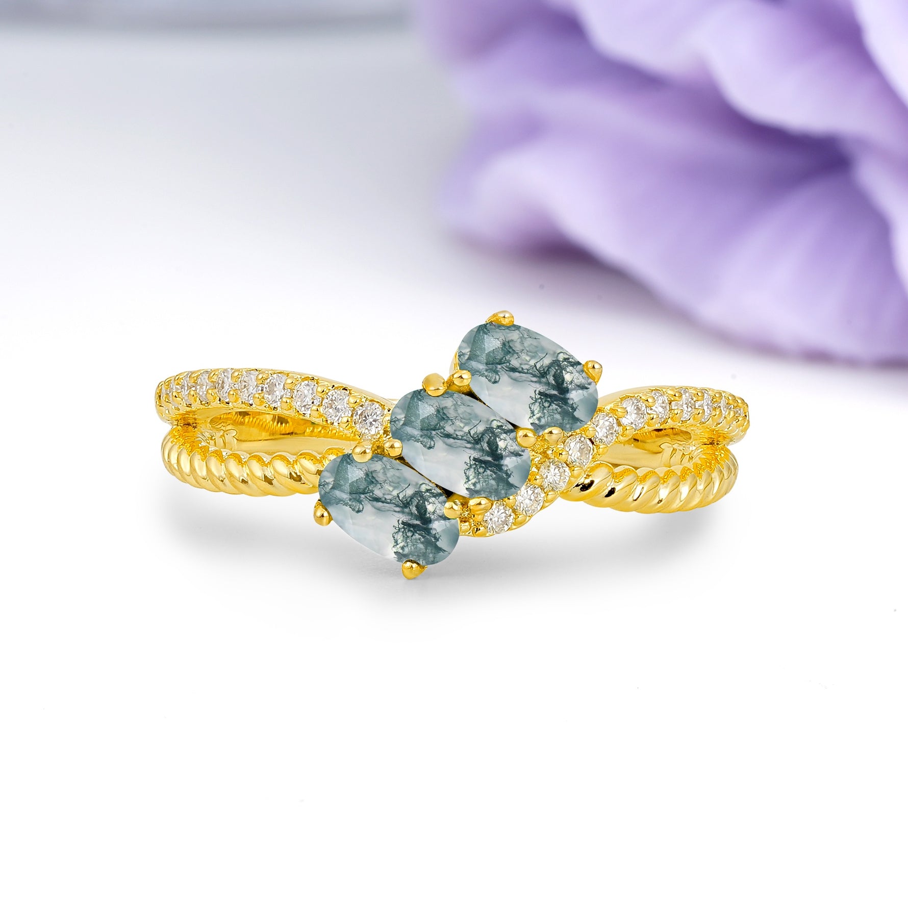 Luxurious Intertwined 4-Prong Oval Cut Moss Agate Three-Stone Wedding Ring - Additional view