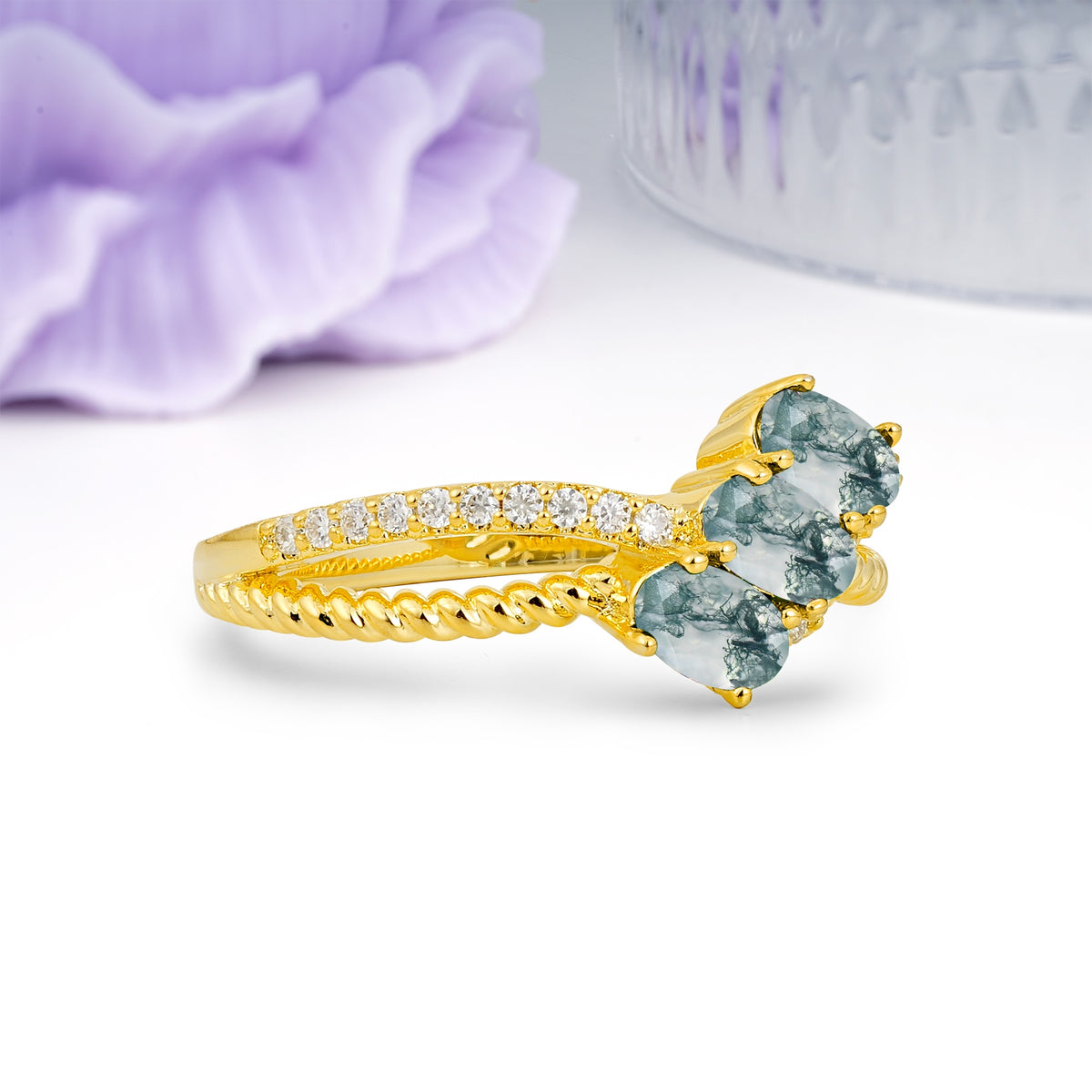Luxurious And Unique 4 Prong Oval Cut Moss Agate Three Stone Wedding Ring - Additional view