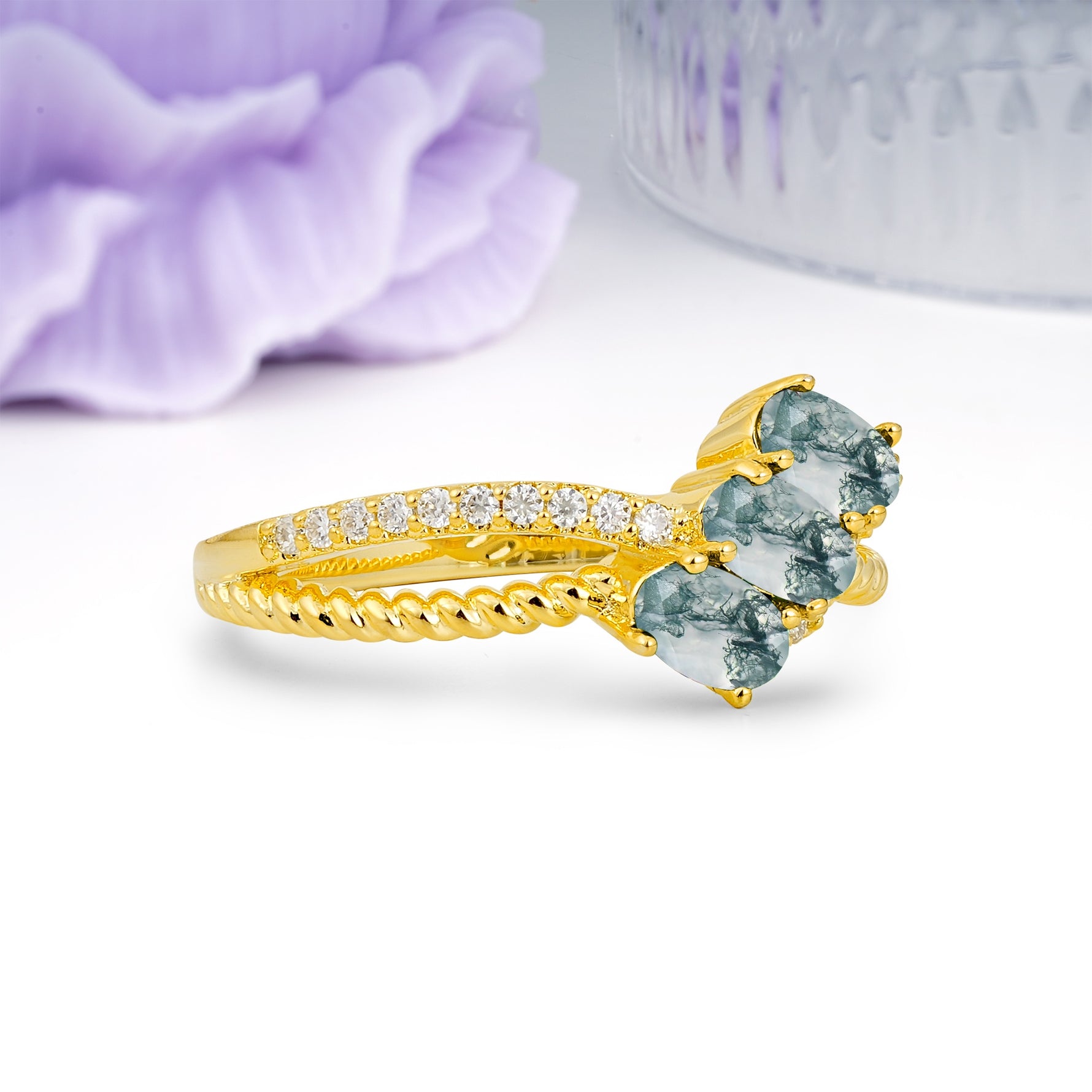 Luxurious Intertwined 4-Prong Oval Cut Moss Agate Three-Stone Wedding Ring - Additional view