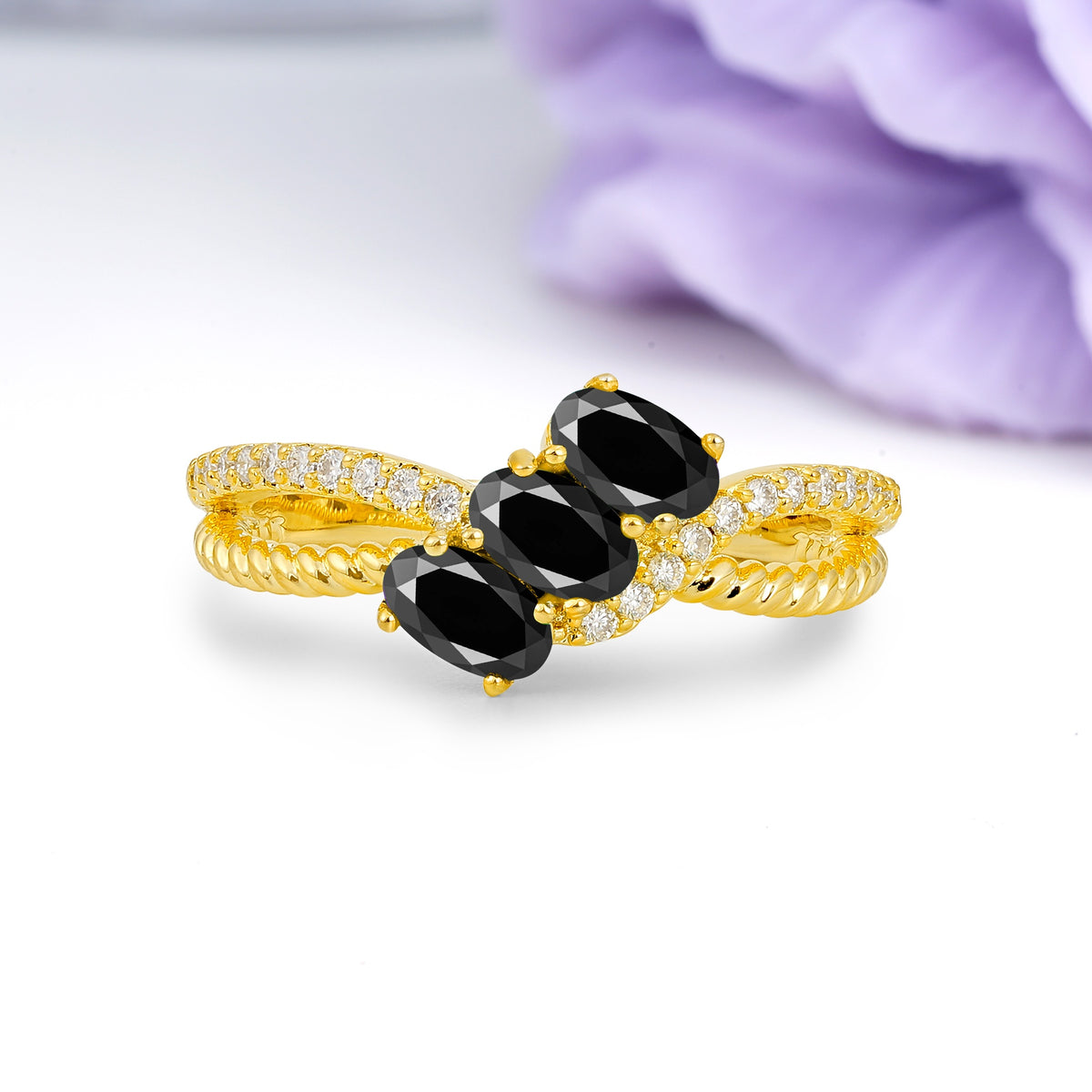 Luxurious And Unique 4 Prong Oval Cut Black Onyx Three Stone Wedding Ring - Additional view