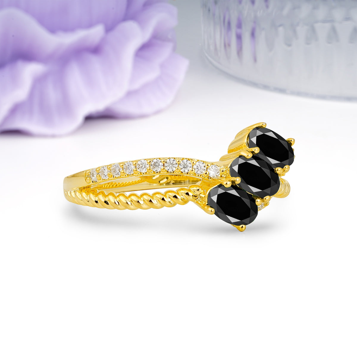 Luxurious And Unique 4 Prong Oval Cut Black Onyx Three Stone Wedding Ring - Additional view