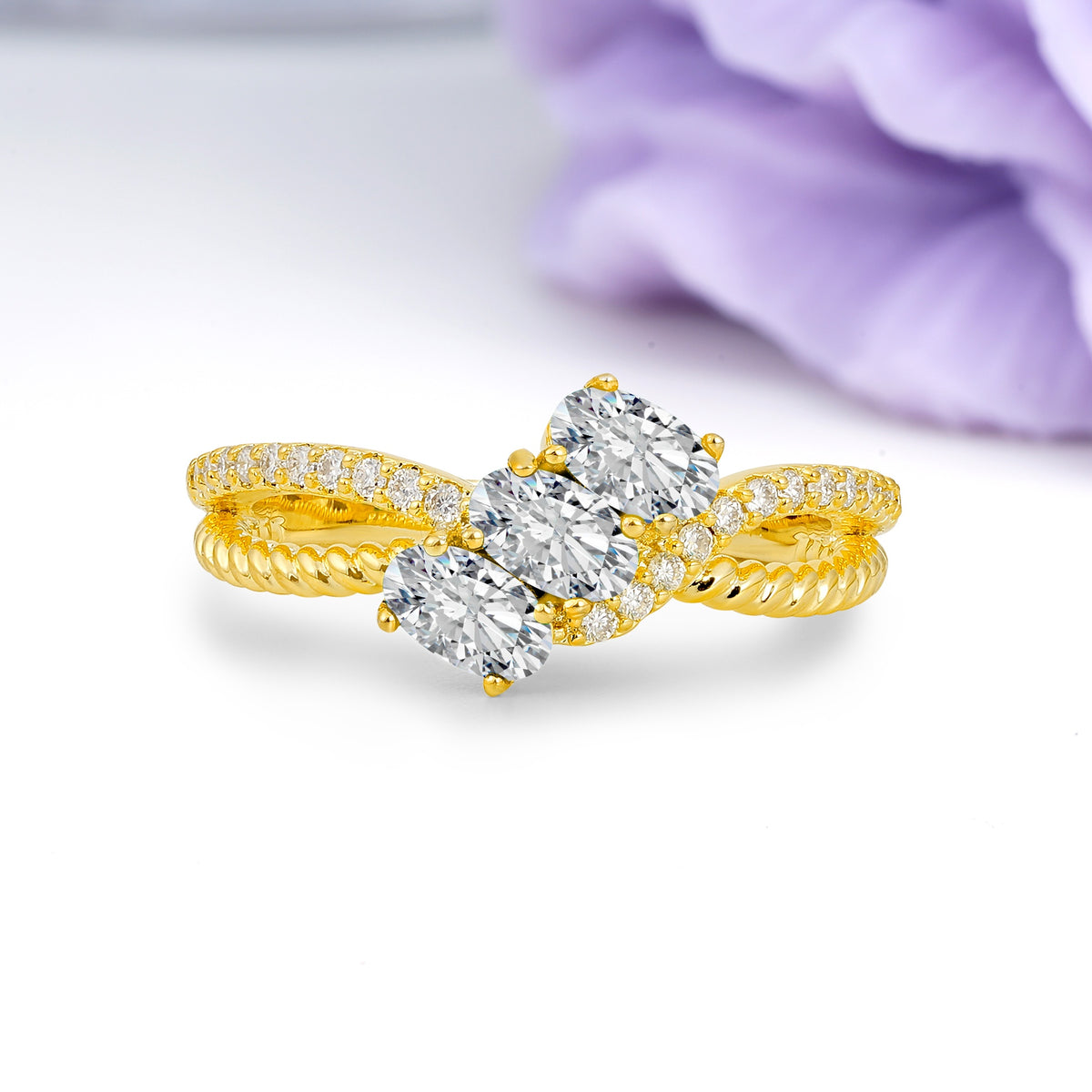 Luxurious And Unique 4 Prong Oval Cut Lab Diamond Three Stone Wedding Ring - Additional view