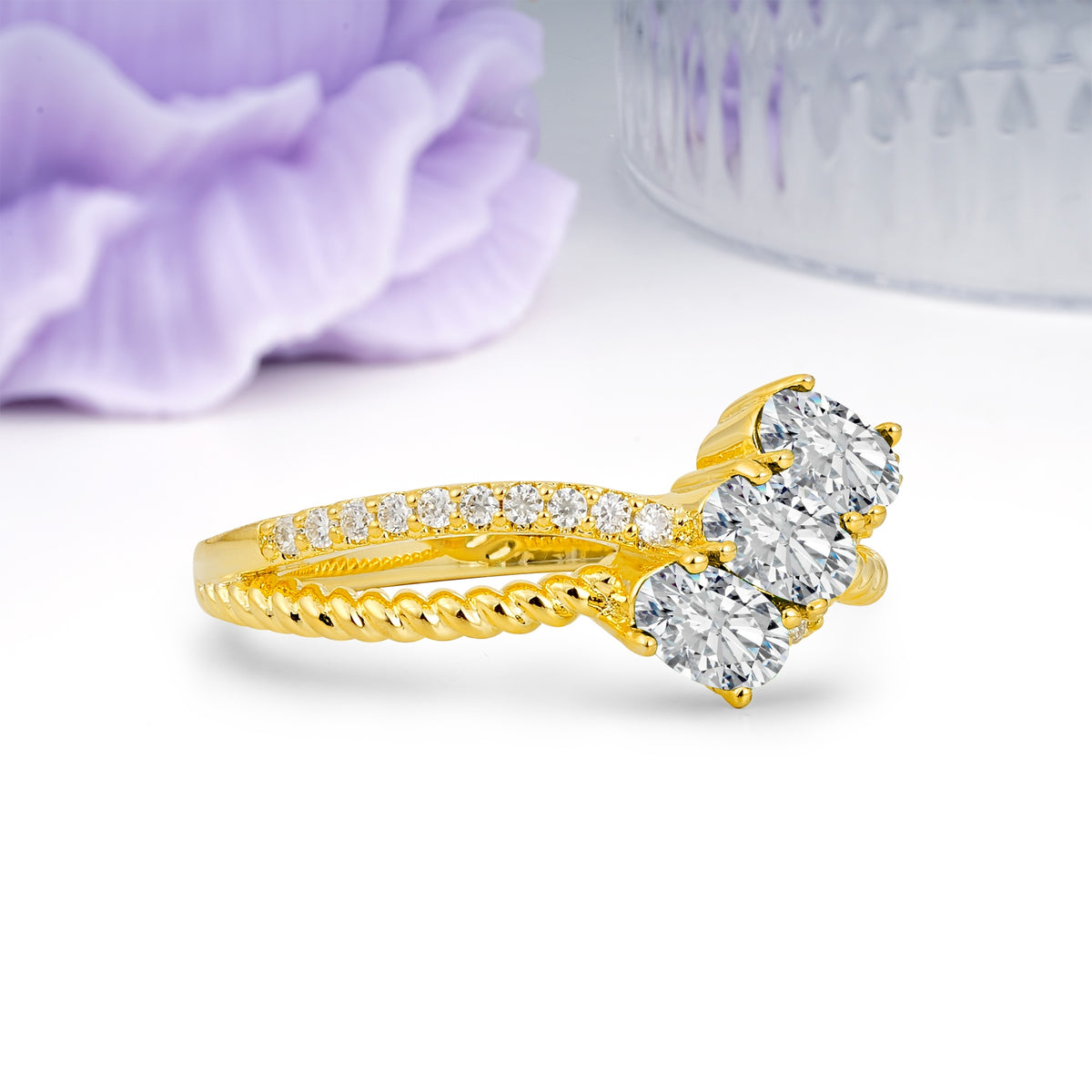 Luxurious And Unique 4 Prong Oval Cut Lab Diamond Three Stone Wedding Ring - Additional view
