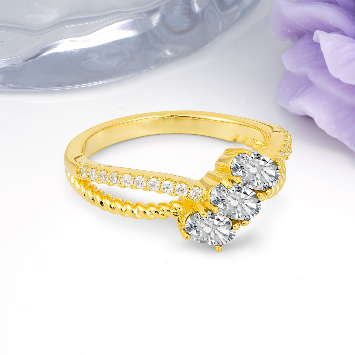 Luxurious And Unique 4 Prong Oval Cut Lab Diamond Three Stone Wedding Ring - Additional view