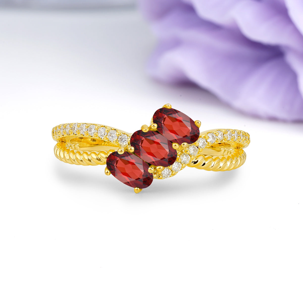 Luxurious And Unique 4 Prong Oval Cut Garnet Three Stone Wedding Ring - Additional view