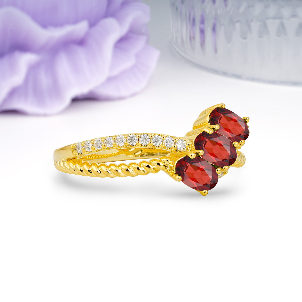 Luxurious And Unique 4 Prong Oval Cut Garnet Three Stone Wedding Ring - Additional view