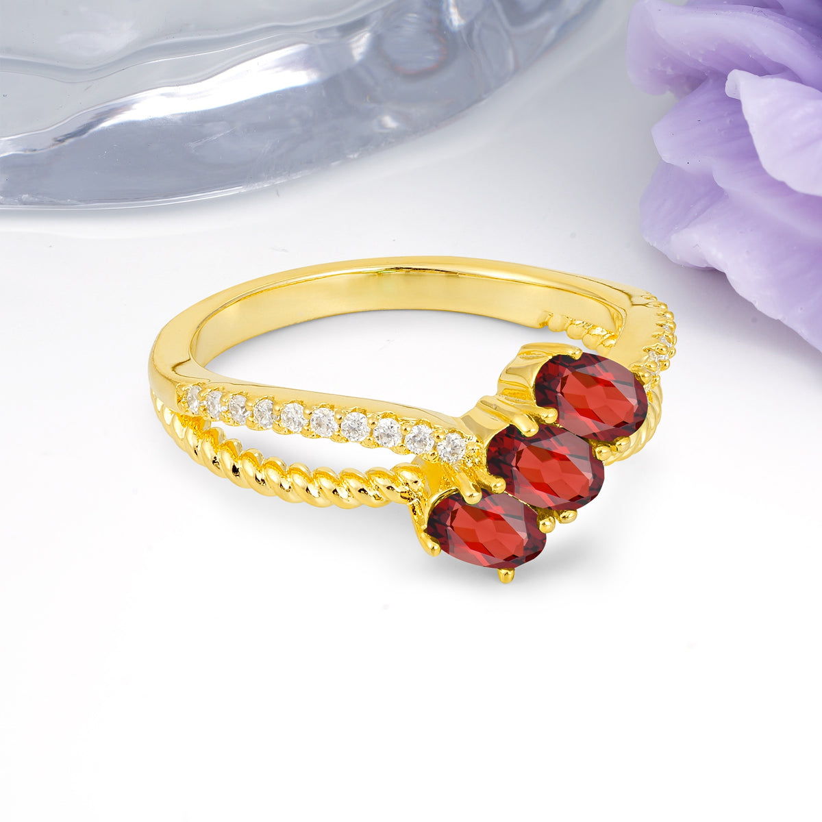 Luxurious And Unique 4 Prong Oval Cut Garnet Three Stone Wedding Ring - Additional view