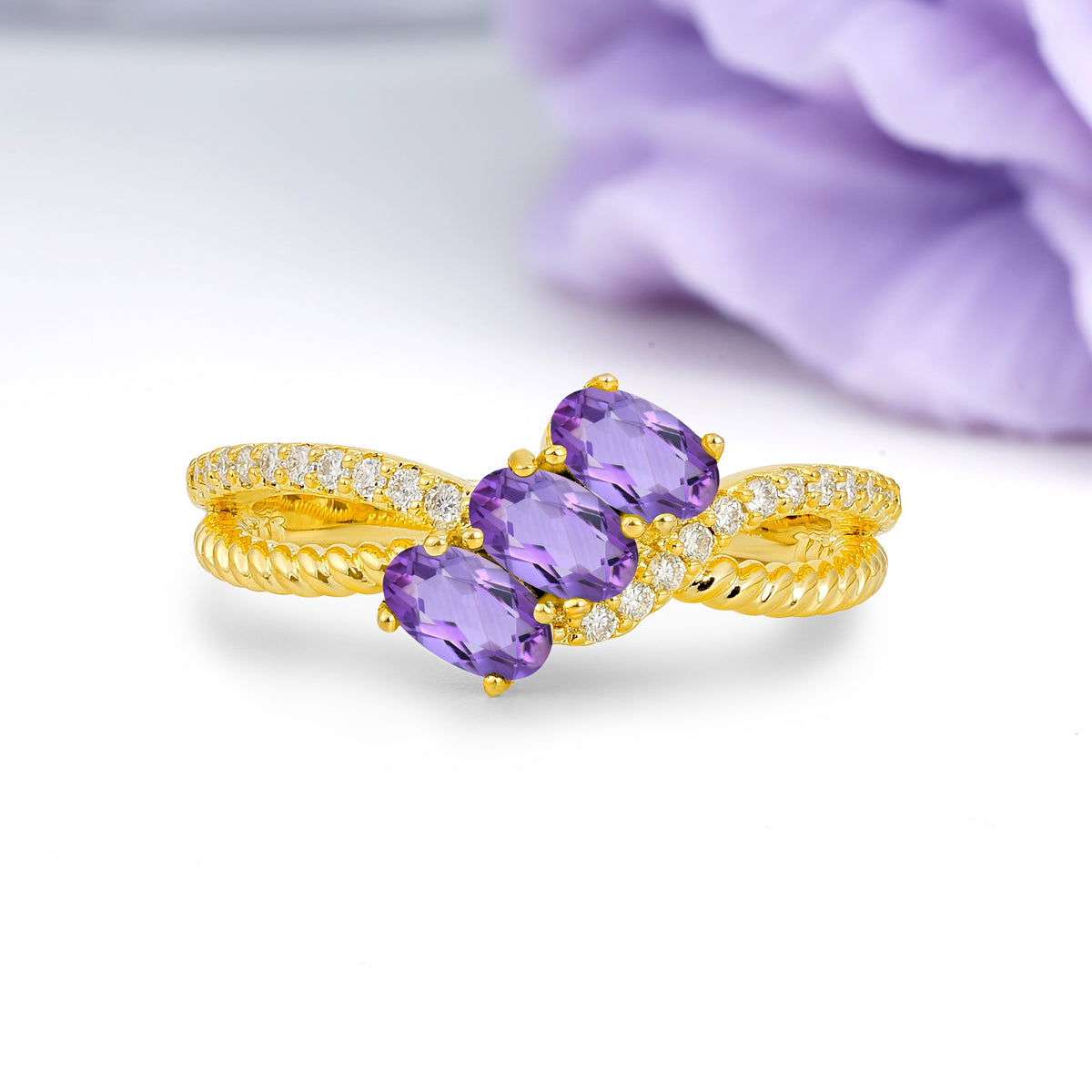 Luxurious And Unique 4 Prong Oval Cut Amethyst Three Stone Wedding Ring - Additional view