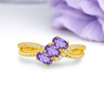 Luxurious Intertwined 4-Prong Oval Cut Amethyst Three-Stone Wedding Ring - Additional view