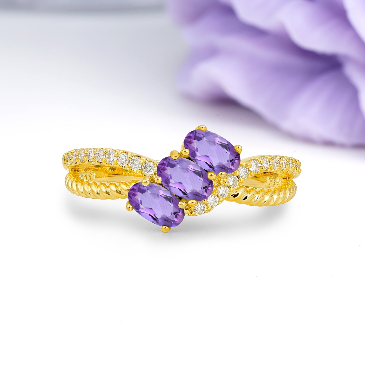 Luxurious Intertwined 4-Prong Oval Cut Amethyst Three-Stone Wedding Ring - Additional view