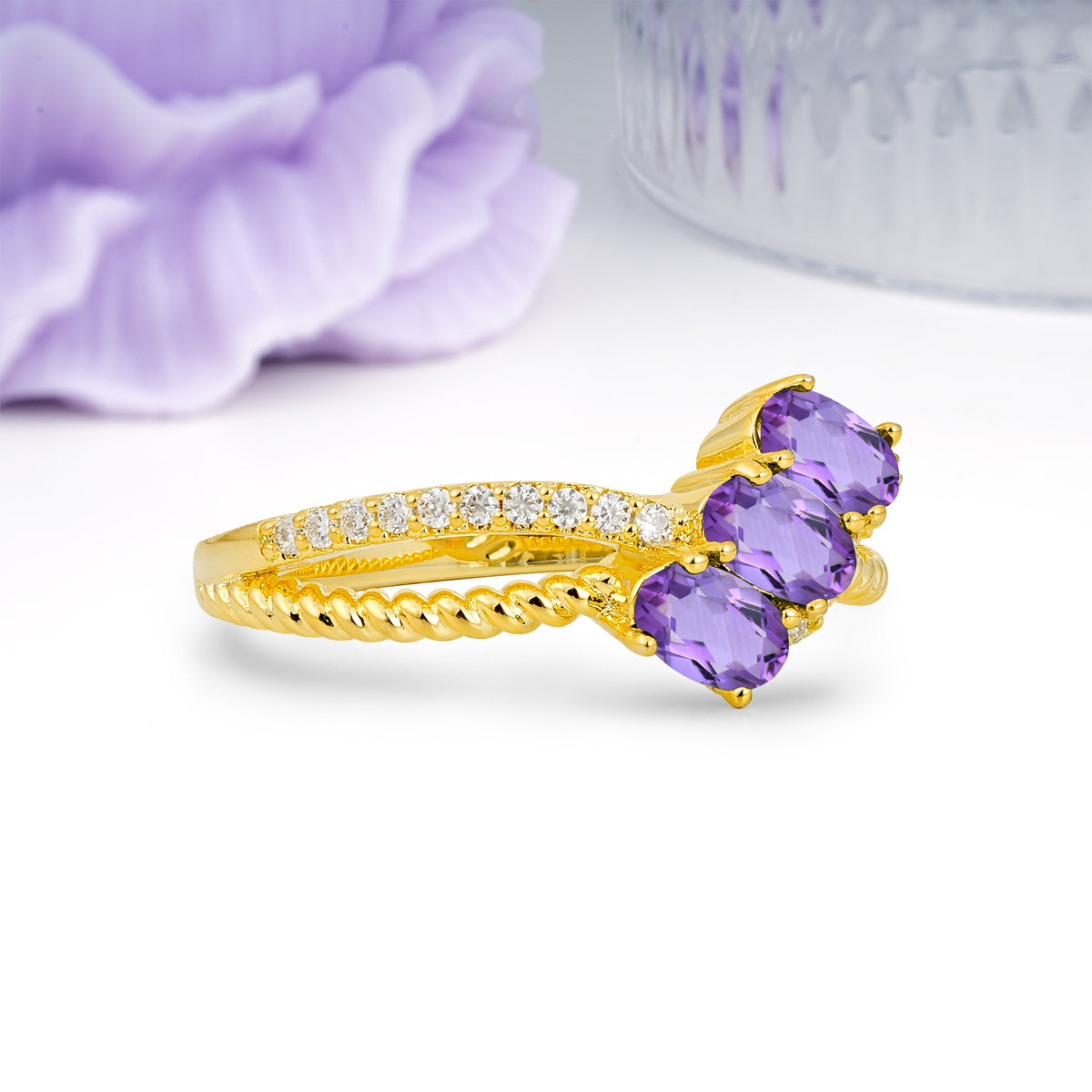Luxurious And Unique 4 Prong Oval Cut Amethyst Three Stone Wedding Ring - Additional view