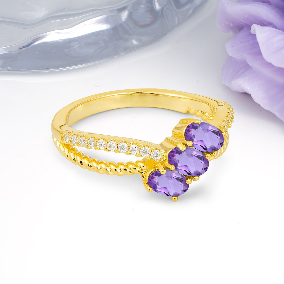 Luxurious And Unique 4 Prong Oval Cut Amethyst Three Stone Wedding Ring - Additional view