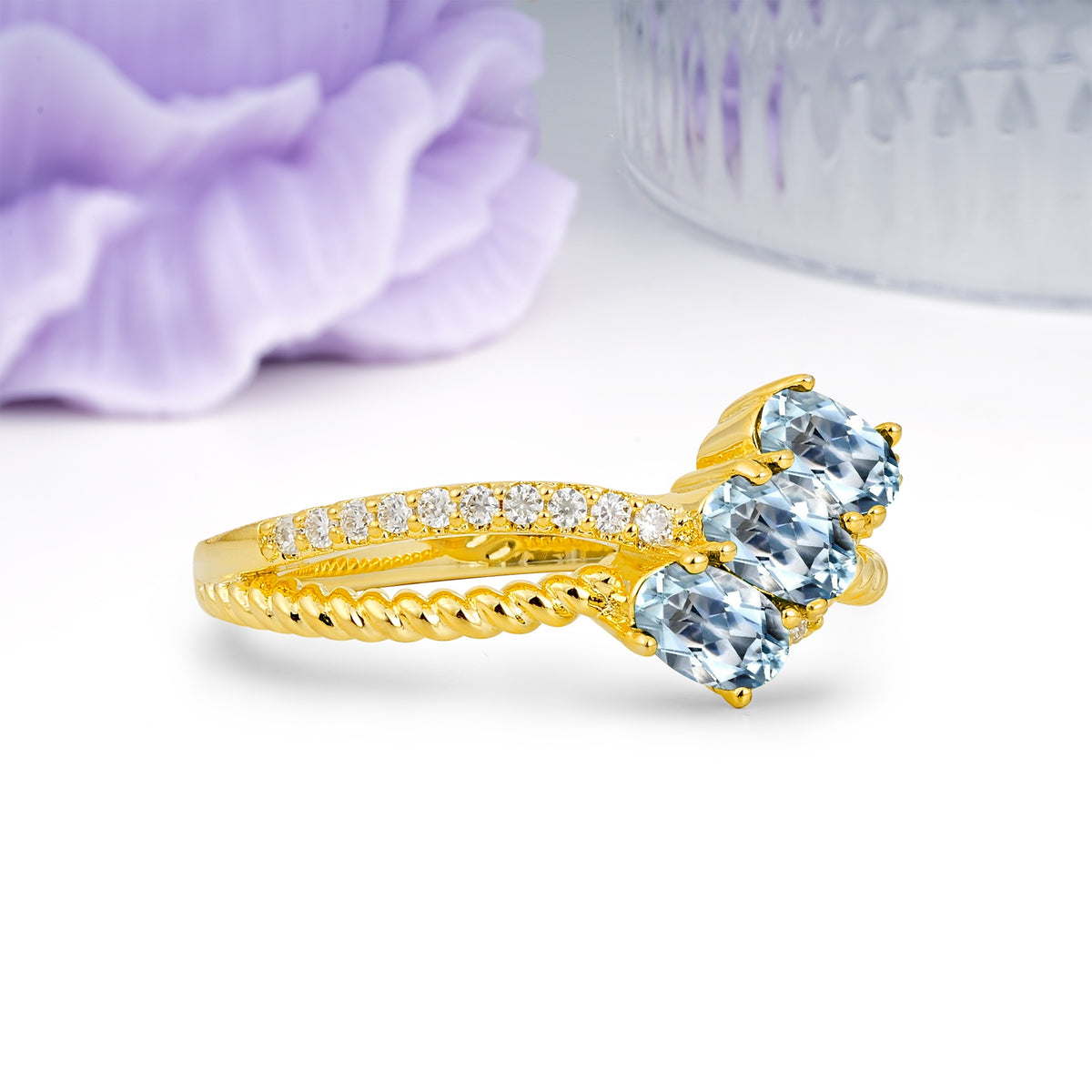 Luxurious And Unique 4 Prong Oval Cut Aquamarine Three Stone Wedding Ring - Additional view
