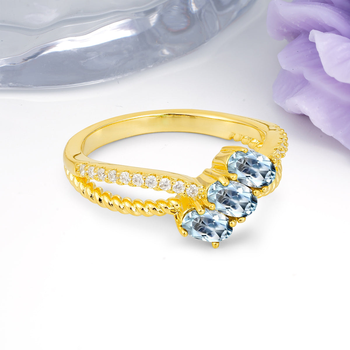 Luxurious And Unique 4 Prong Oval Cut Aquamarine Three Stone Wedding Ring - Additional view