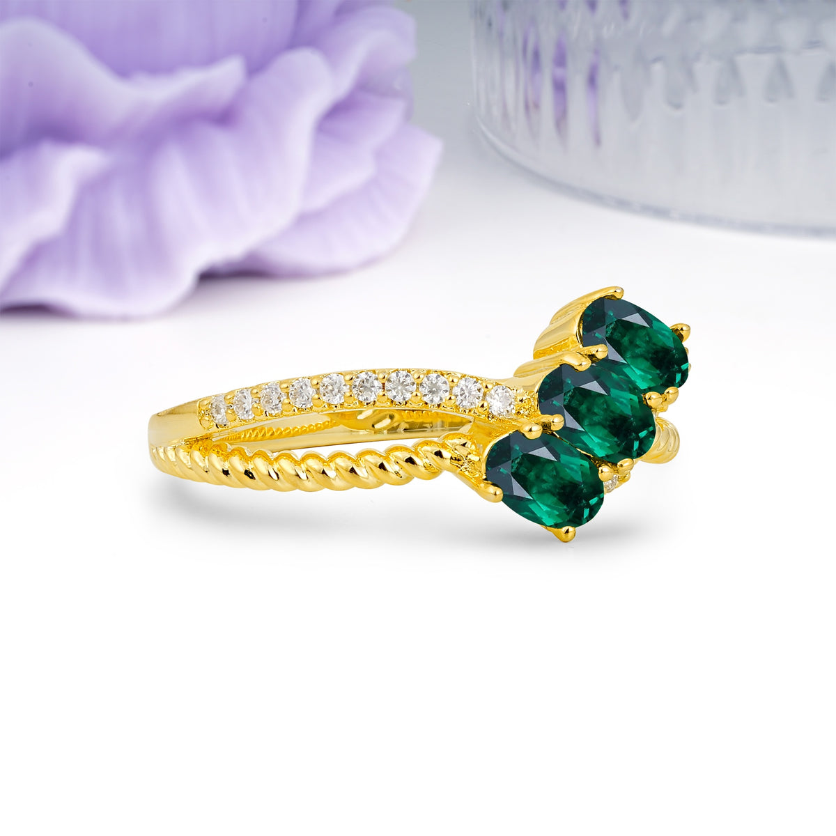 Luxurious And Unique 4 Prong Oval Cut Emerald Three Stone Wedding Ring - Additional view