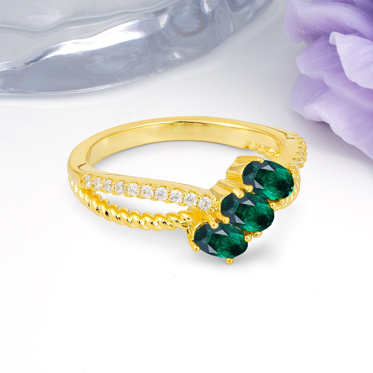Luxurious And Unique 4 Prong Oval Cut Emerald Three Stone Wedding Ring - Additional view