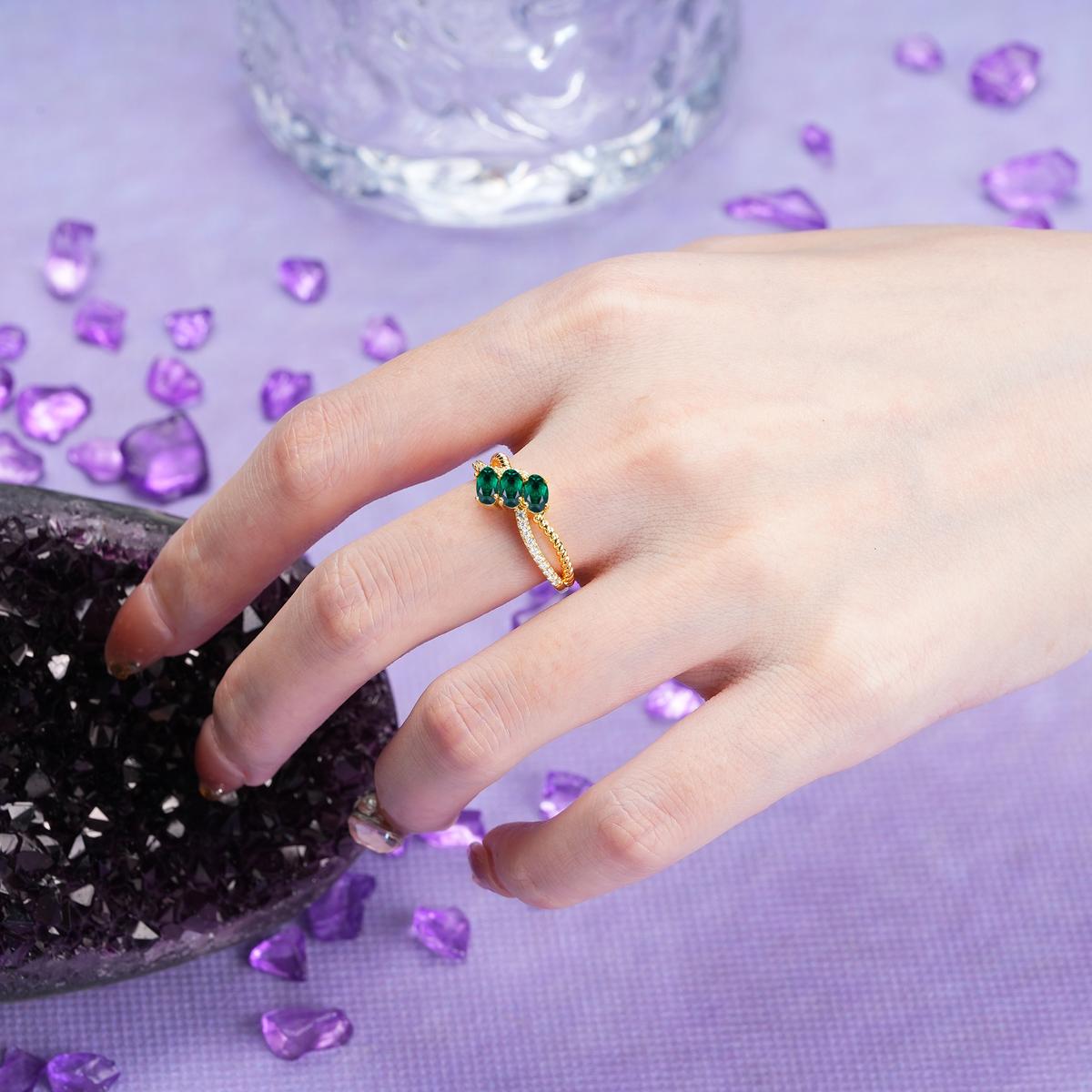 Luxurious And Unique 4 Prong Oval Cut Emerald Three Stone Wedding Ring - Additional view
