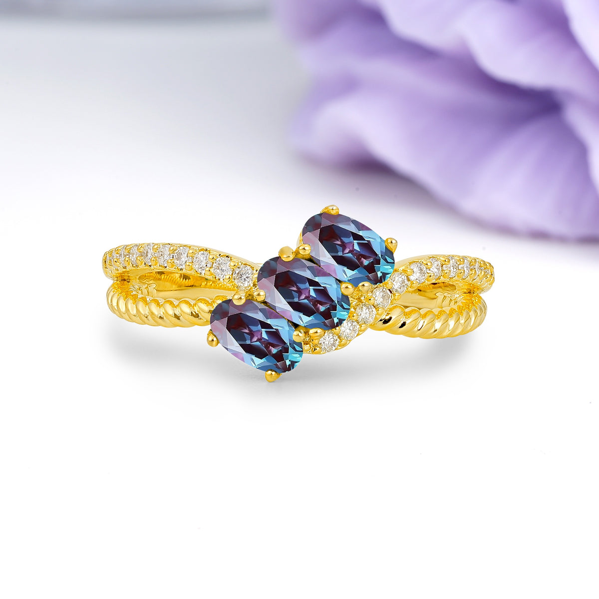 Luxurious And Unique 4 Prong Oval Cut Alexandrite Three Stone Wedding Ring - Additional view