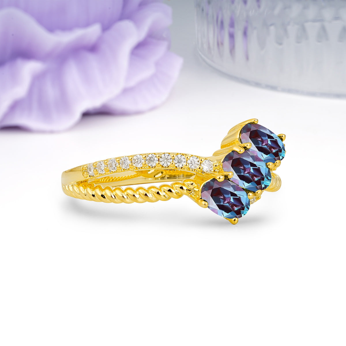 Luxurious And Unique 4 Prong Oval Cut Alexandrite Three Stone Wedding Ring - Additional view