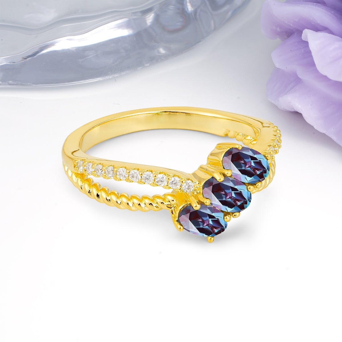 Luxurious And Unique 4 Prong Oval Cut Alexandrite Three Stone Wedding Ring - Additional view