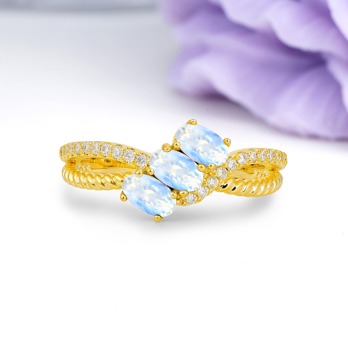 Luxurious And Unique 4 Prong Oval Cut Moonstone Three Stone Wedding Ring - Additional view