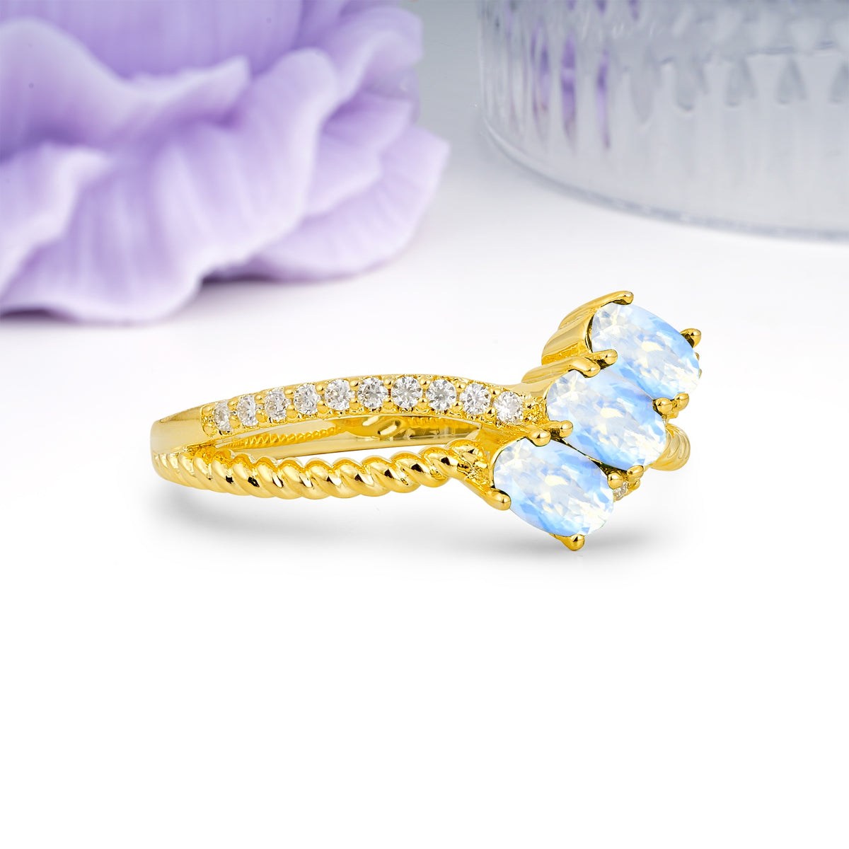 Luxurious And Unique 4 Prong Oval Cut Moonstone Three Stone Wedding Ring - Additional view