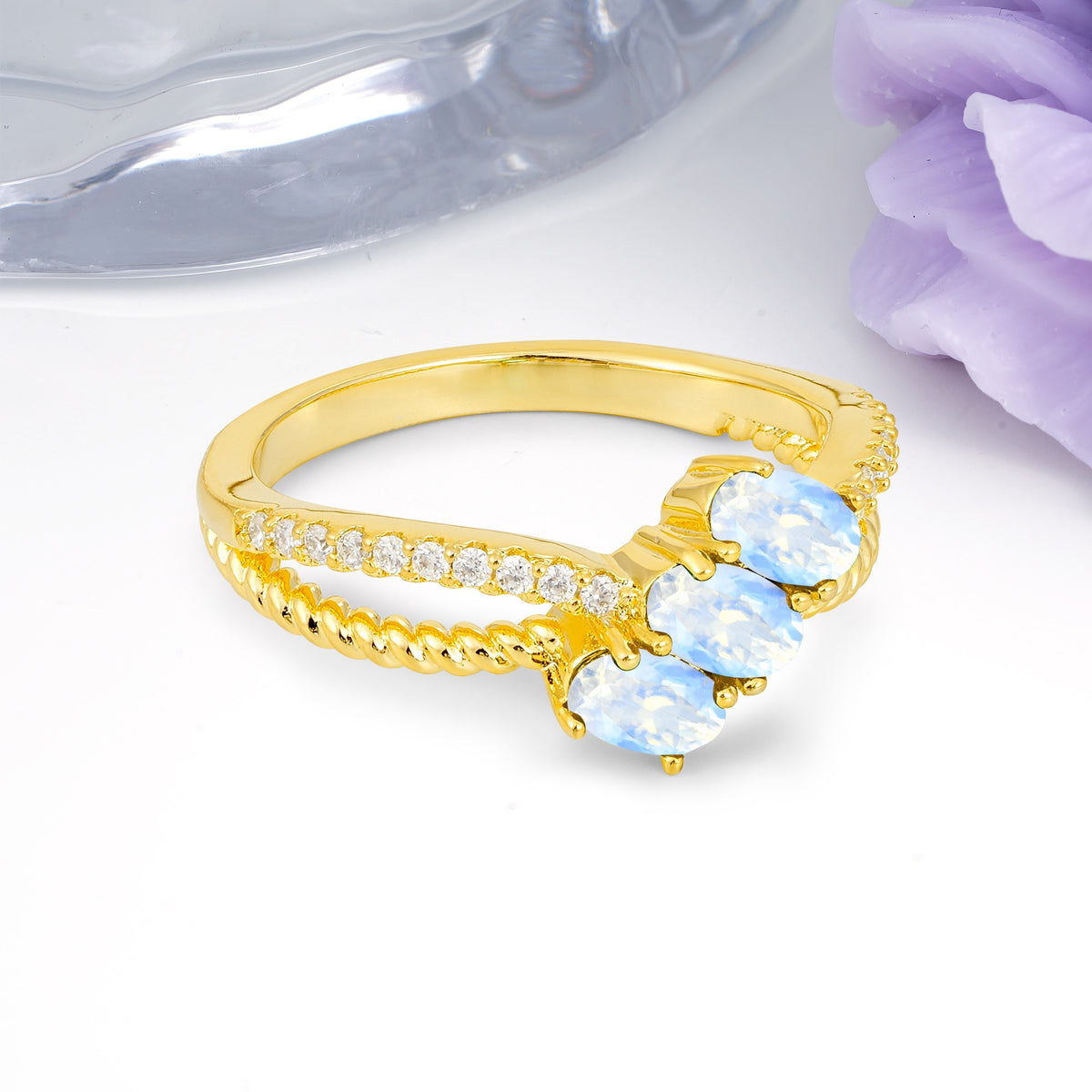 Luxurious And Unique 4 Prong Oval Cut Moonstone Three Stone Wedding Ring - Additional view