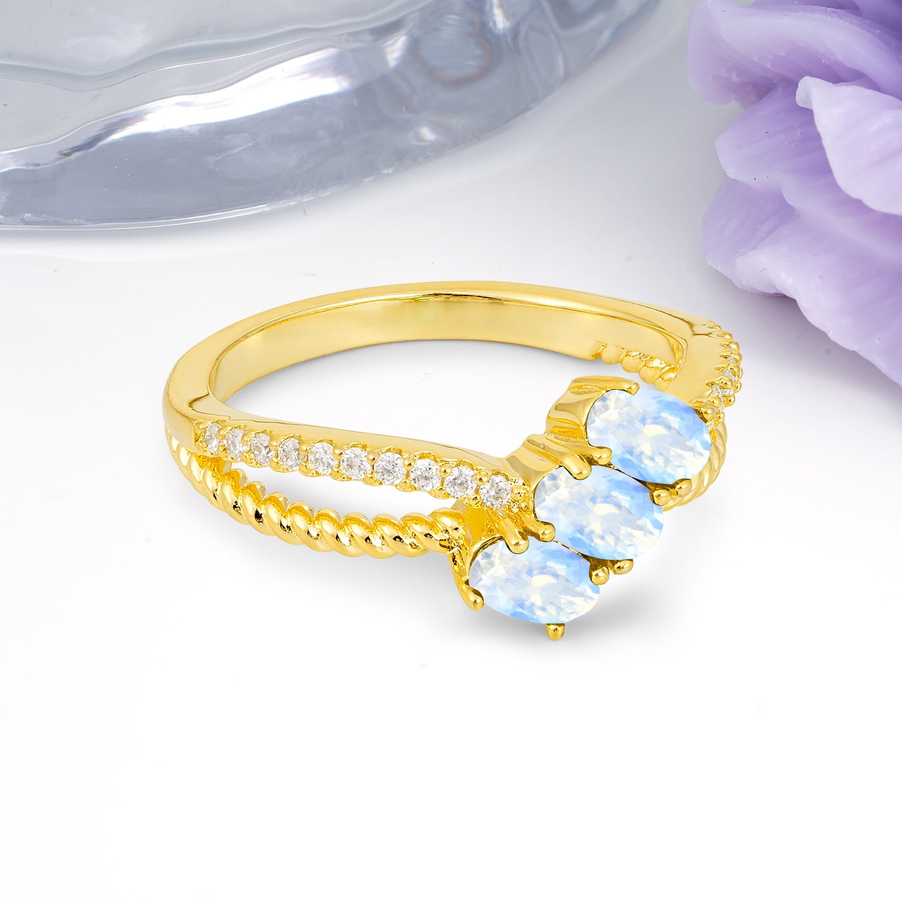 Luxurious Intertwined 4-Prong Oval Cut Moonstone Three-Stone Wedding Ring - Additional view