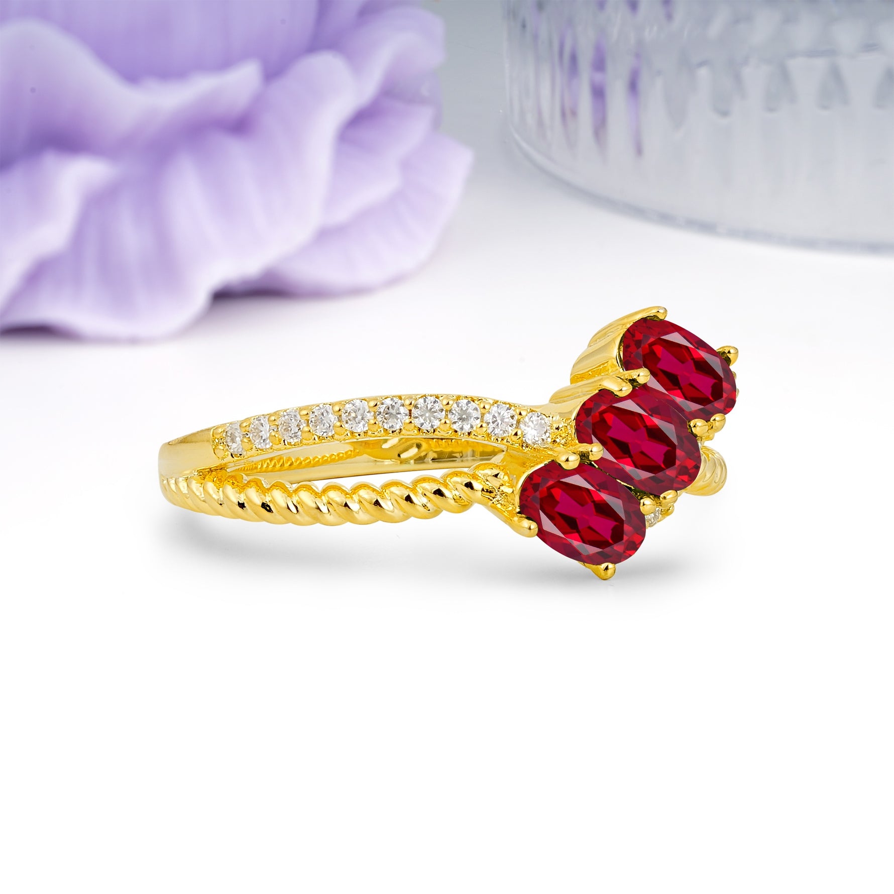 Luxurious Intertwined 4-Prong Oval Cut Ruby Three-Stone Wedding Ring - Additional view