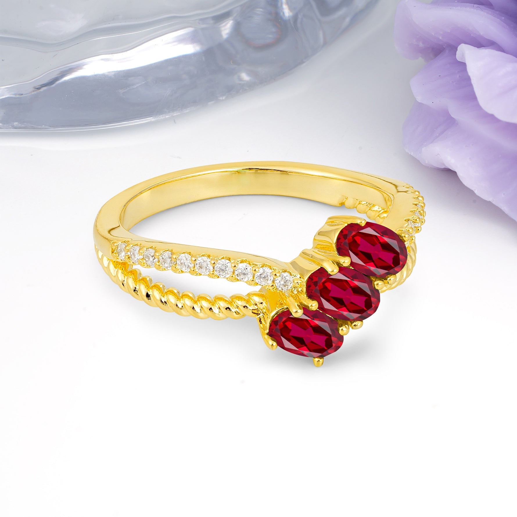 Luxurious Intertwined 4-Prong Oval Cut Ruby Three-Stone Wedding Ring - Additional view