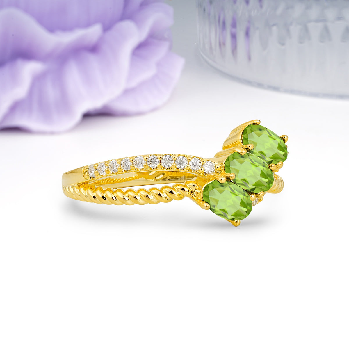 Luxurious And Unique 4 Prong Oval Cut Peridot Three Stone Wedding Ring - Additional view