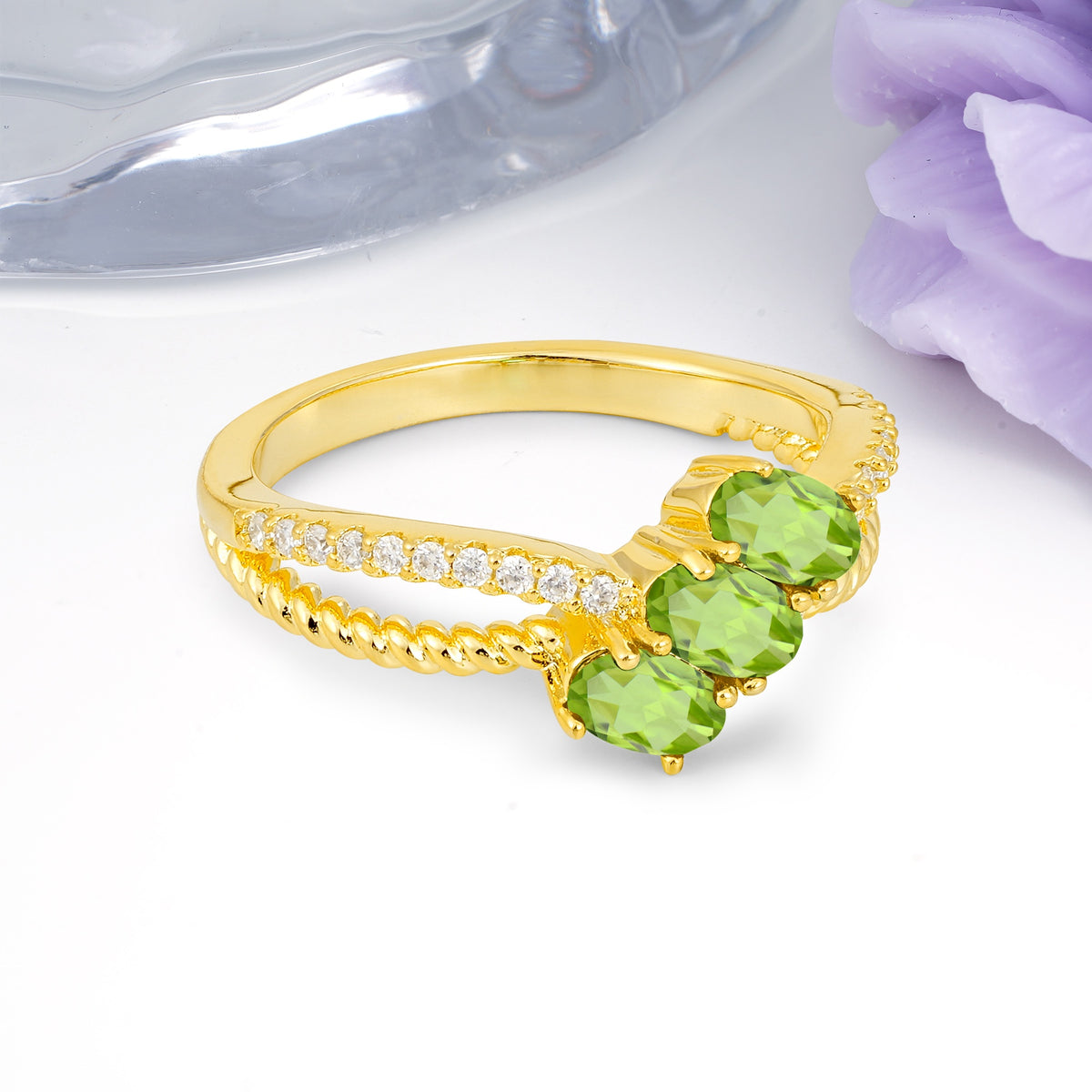 Luxurious And Unique 4 Prong Oval Cut Peridot Three Stone Wedding Ring - Additional view