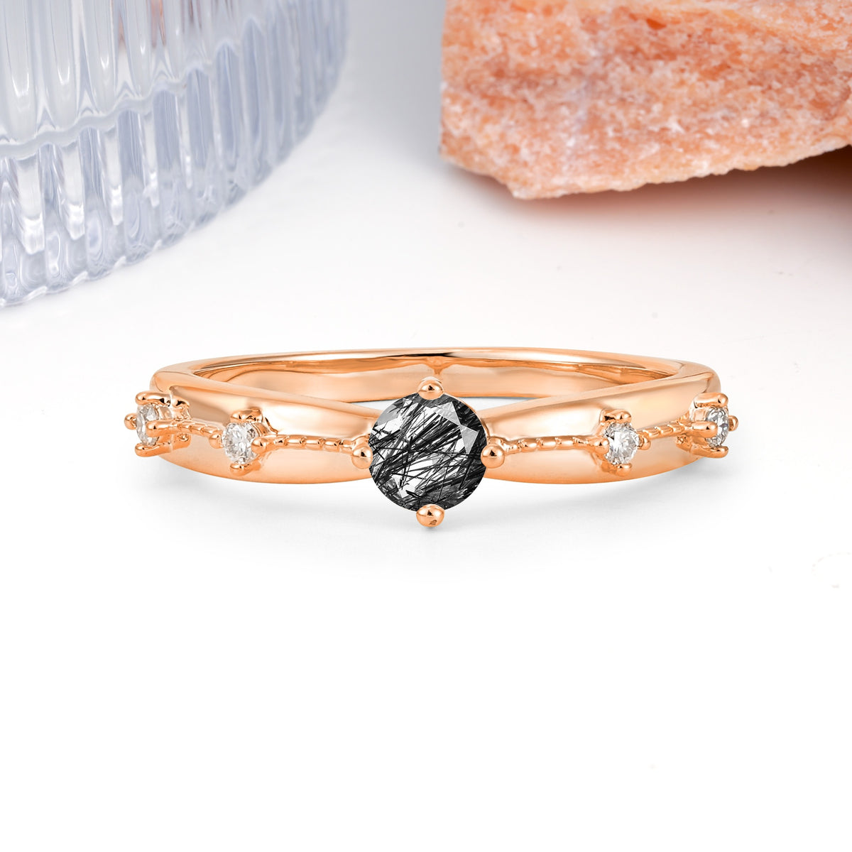 Simply Luxurious 4-Prong Round Cut Black Rutilated Quartz Wedding Ring - Additional view