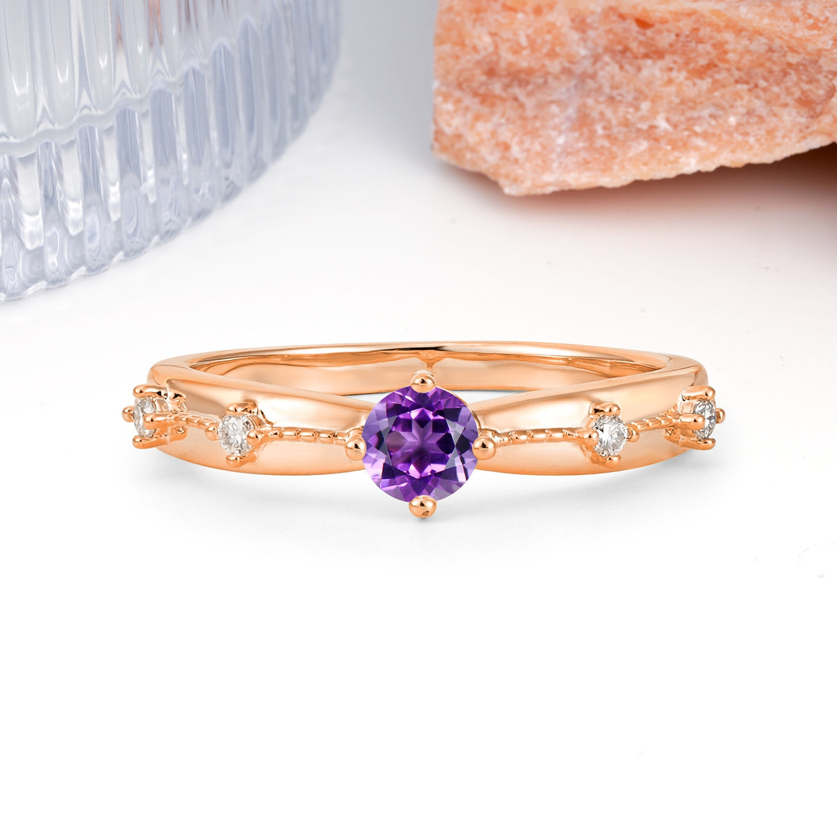 Simply Luxurious 4-Prong Round Cut Amethyst Wedding Ring - Additional view