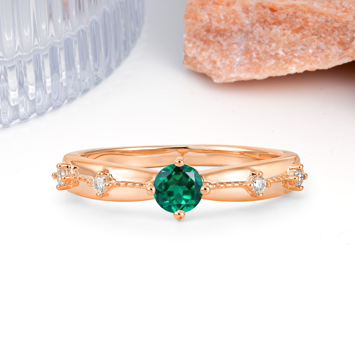 Simply Luxurious 4-Prong Round Cut Emerald Wedding Ring - Additional view