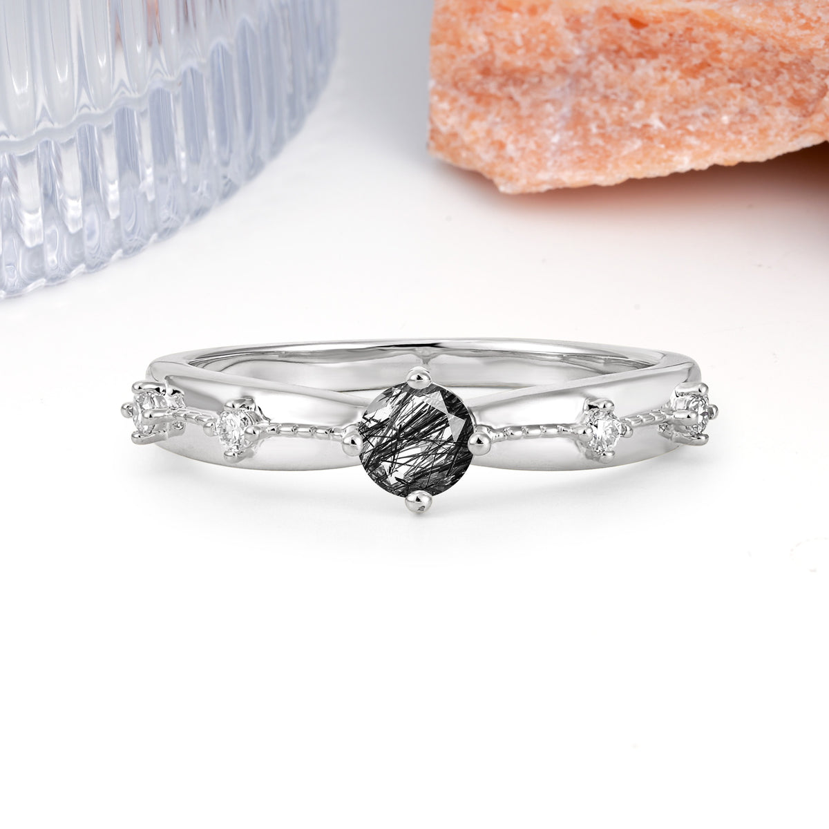 Simply Luxurious 4-Prong Round Cut Black Rutilated Quartz Wedding Ring - Additional view