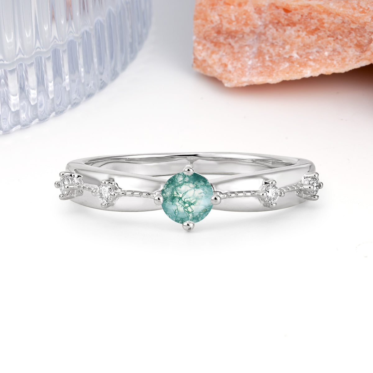 Simply Luxurious 4-Prong Round Cut Moss Agate Wedding Ring - Additional view