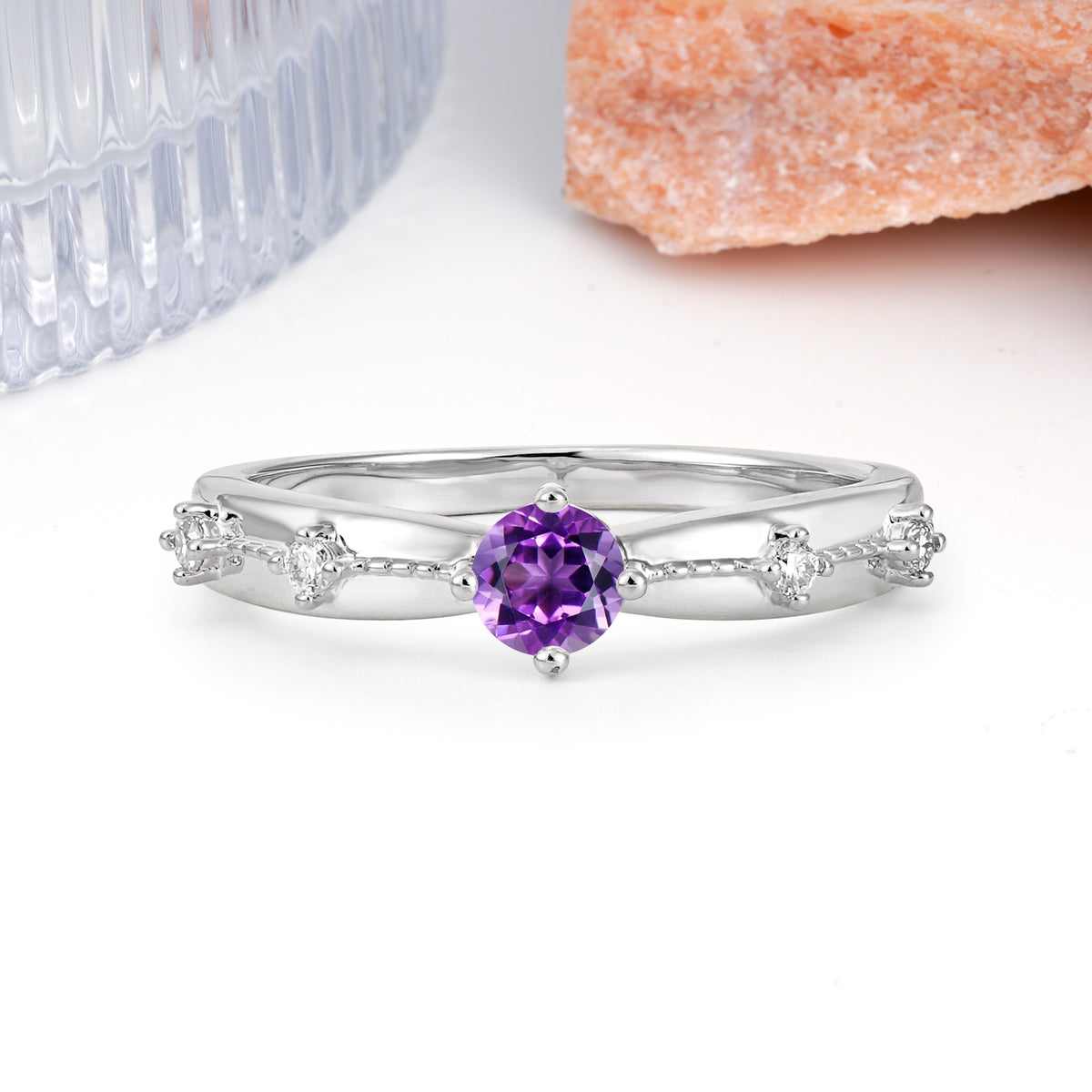 Simply Luxurious 4-Prong Round Cut Amethyst Wedding Ring - Additional view