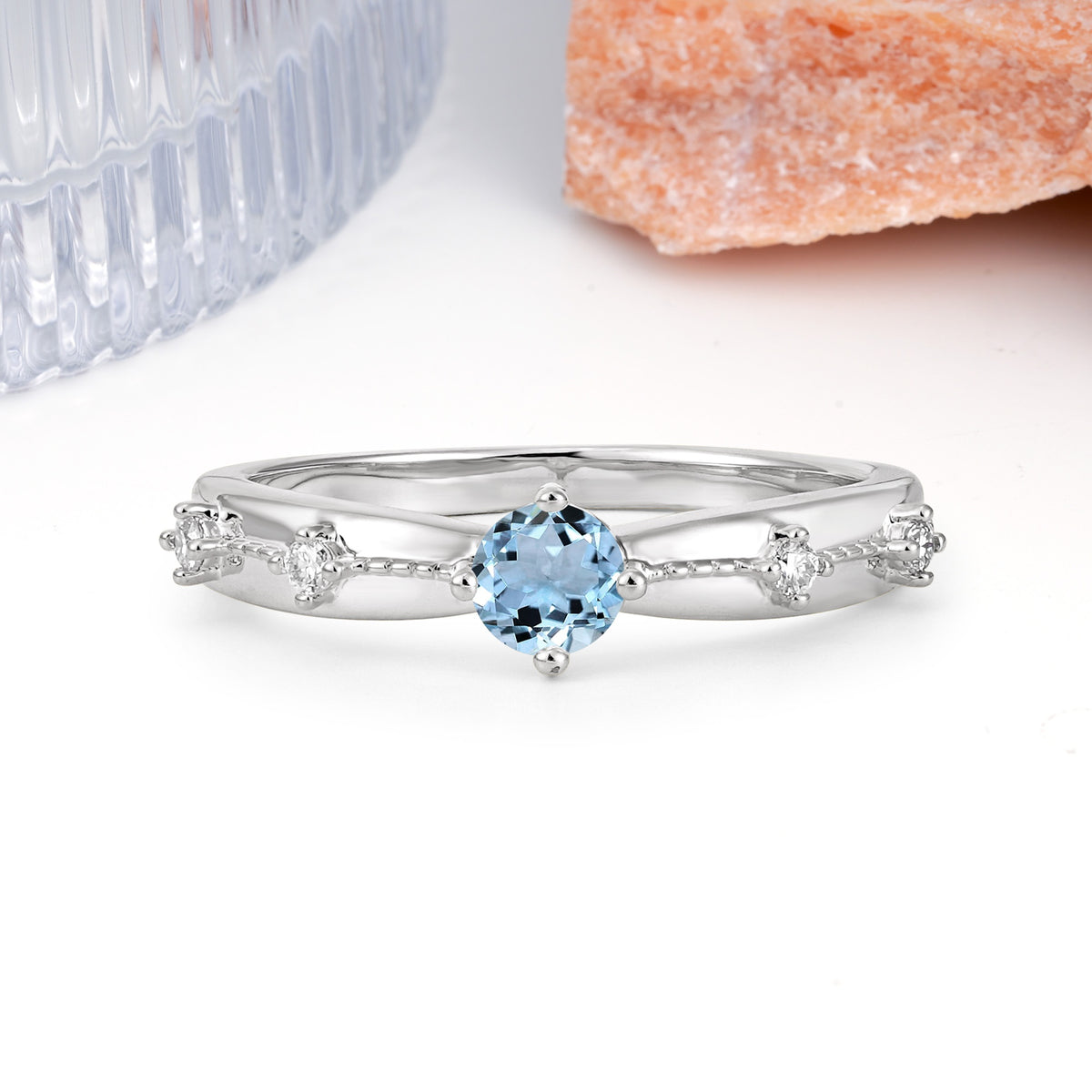 Simply Luxurious 4-Prong Round Cut Aquamarine Wedding Ring - Additional view