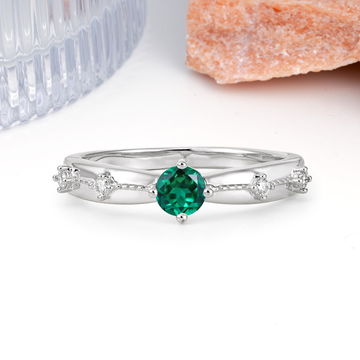 Simply Luxurious 4-Prong Round Cut Emerald Wedding Ring - Additional view